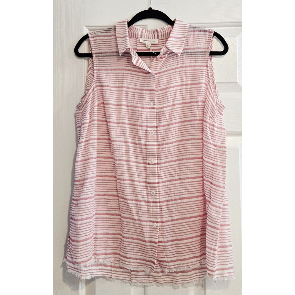 beachlunchlounge Stripe Sleeveless Button Down Shirt L New Coastal Red White NWT